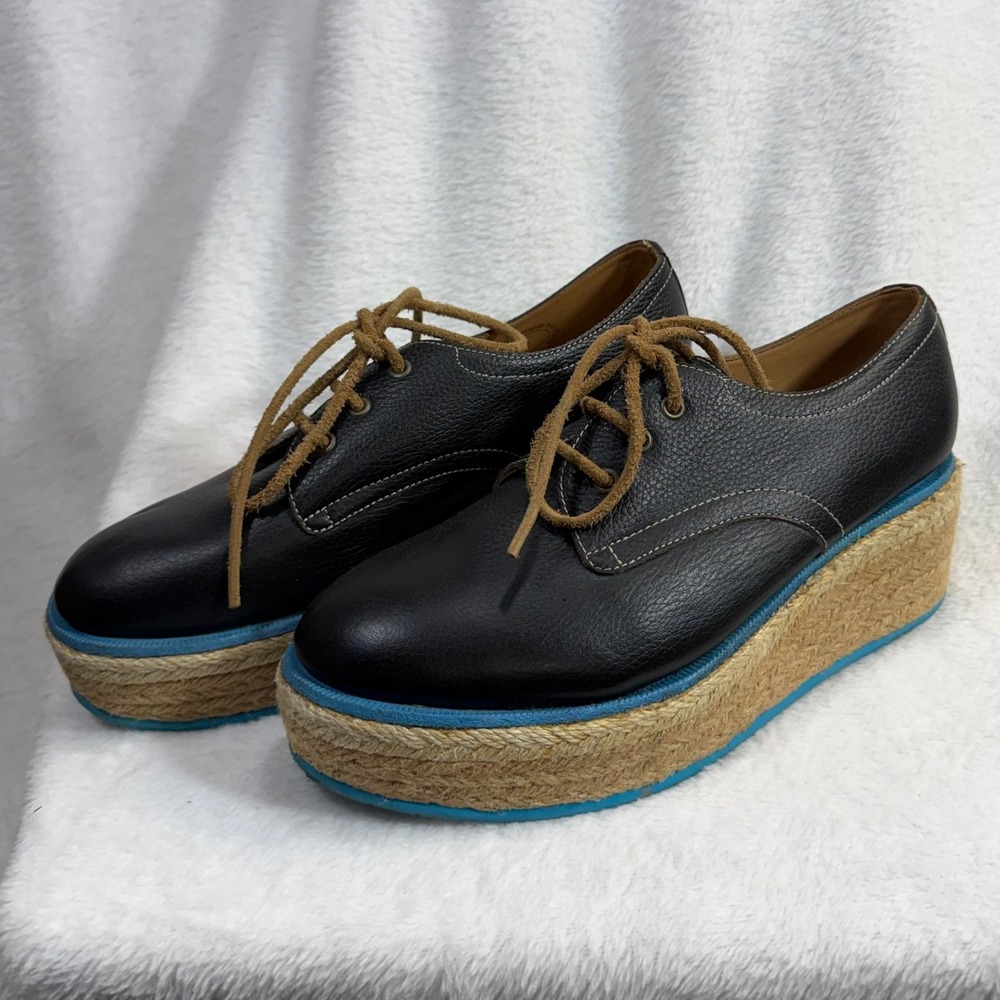 John Fluevog 4 Black Leather Platform Espadrille Oxford Shoes Blue Sole Boho